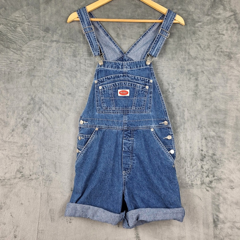 Vtg Revolt Bib Overalls Medium Y2K 90s Carpenter Country Western Denim Shortalls